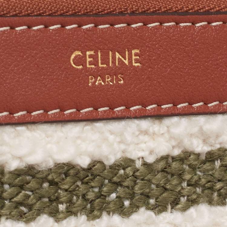 Pre Owned Celine White/Green Striped Tweed and Leather 16 Bucket Bag 