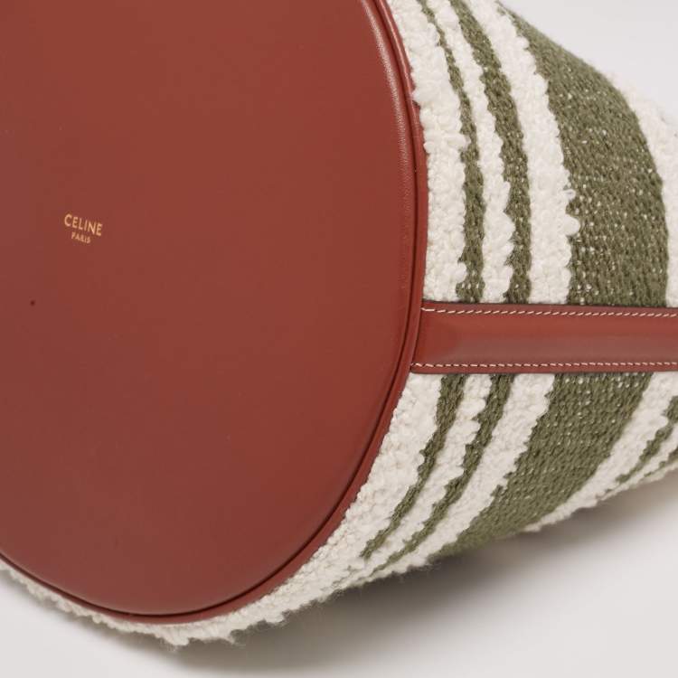 Pre Owned Celine White/Green Striped Tweed and Leather 16 Bucket Bag 
