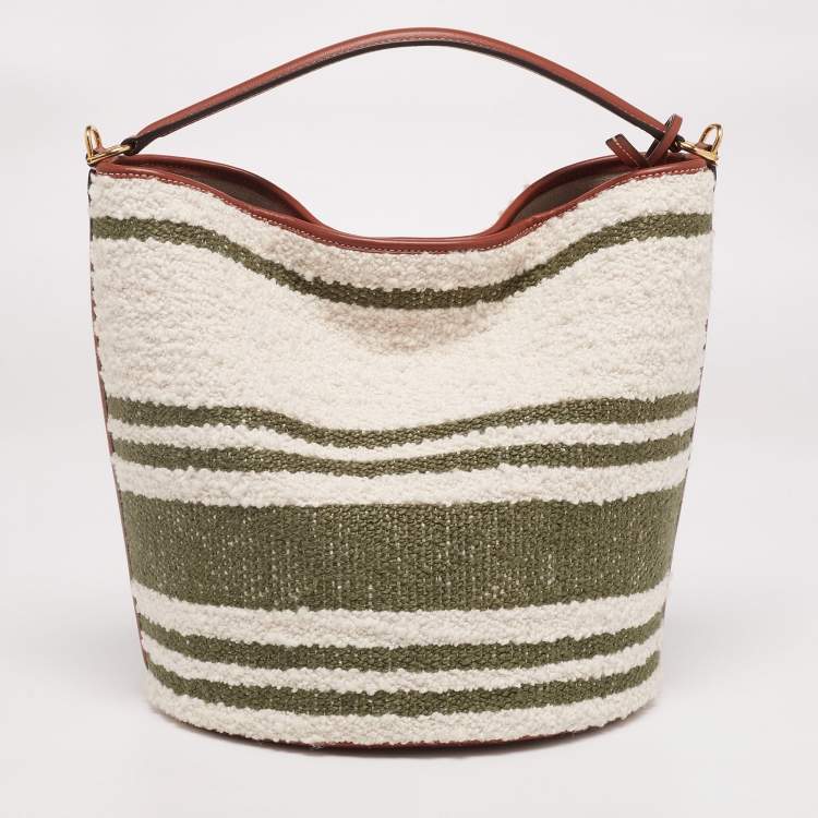 Pre Owned Celine White/Green Striped Tweed and Leather 16 Bucket Bag 