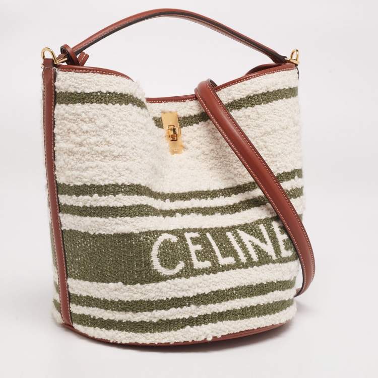 Pre Owned Celine White/Green Striped Tweed and Leather 16 Bucket Bag 
