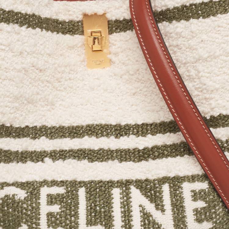 Pre Owned Celine White/Green Striped Tweed and Leather 16 Bucket Bag 