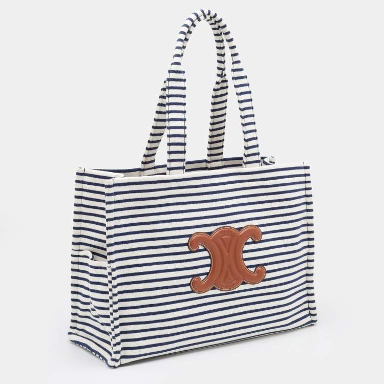 Pre Owned Celine Tricolor Striped Fabric and Leather Large Cabas Thais Tote