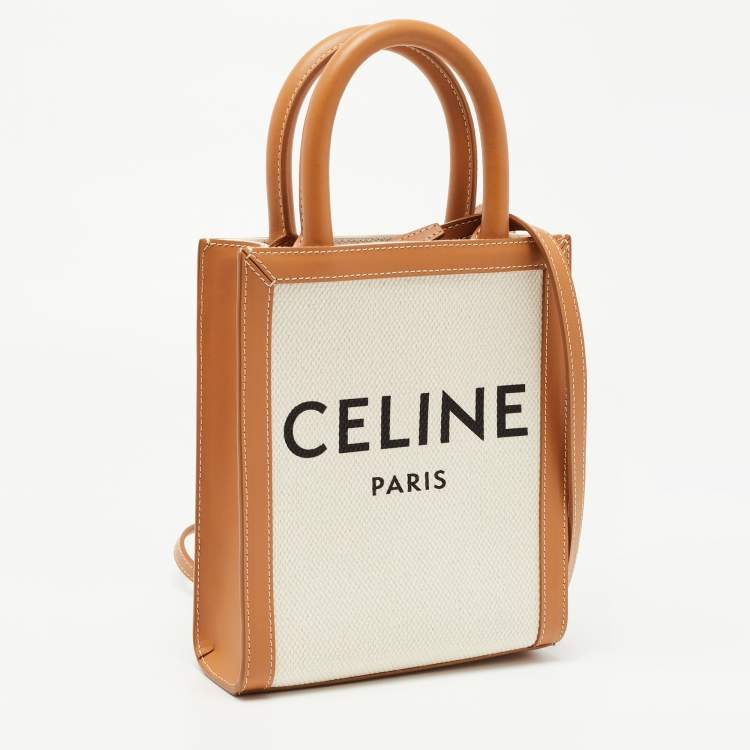 Pre Owned Celine Tan Logo Canvas and Leather Mini Vertical Cabas Tote 