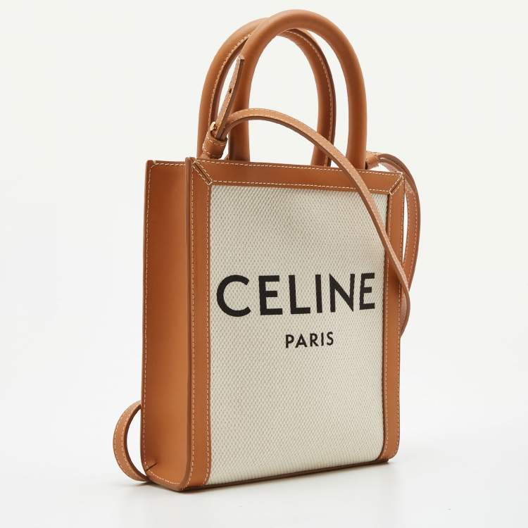 Pre Owned Celine Natural/Brown Canvas and Leather Mini Vertical Cabas Tote 