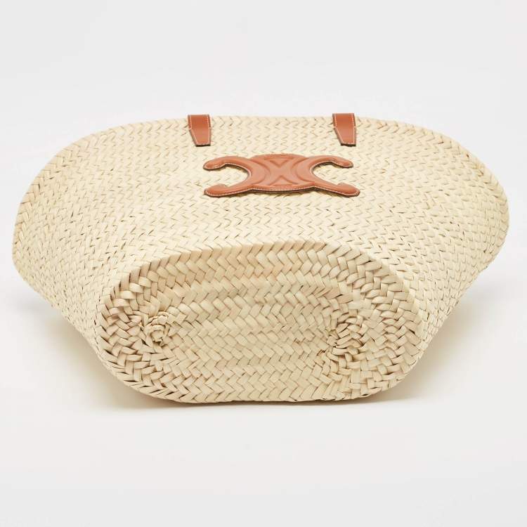 Pre Owned Celine Beige/Brown Woven Raffia and Leather Triomphe Panier Bag