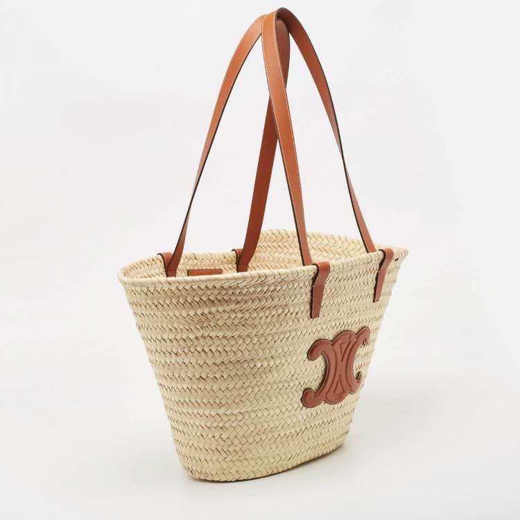 Pre Owned Celine Beige/Brown Woven Raffia and Leather Triomphe Panier Bag
