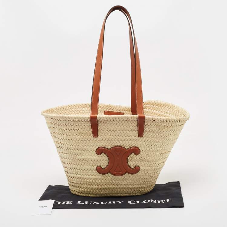 Pre Owned Celine Beige/Brown Woven Raffia and Leather Triomphe Panier Bag