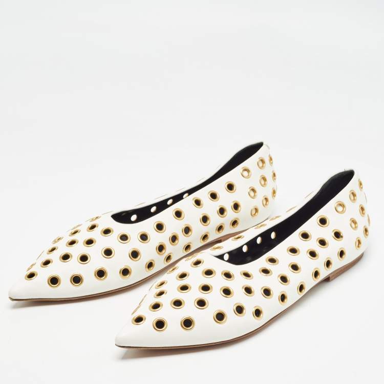 Pre Owned Celine Off-White Leather Eyelet Detail Ballet Flats Size 39.5
