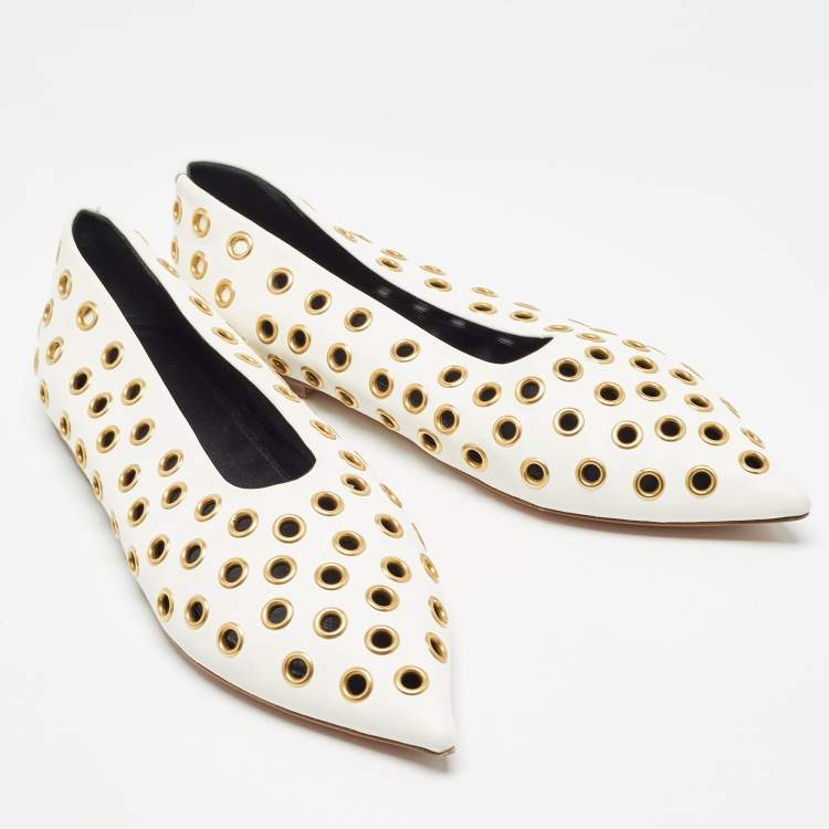 Pre Owned Celine Off-White Leather Eyelet Detail Ballet Flats Size 39.5