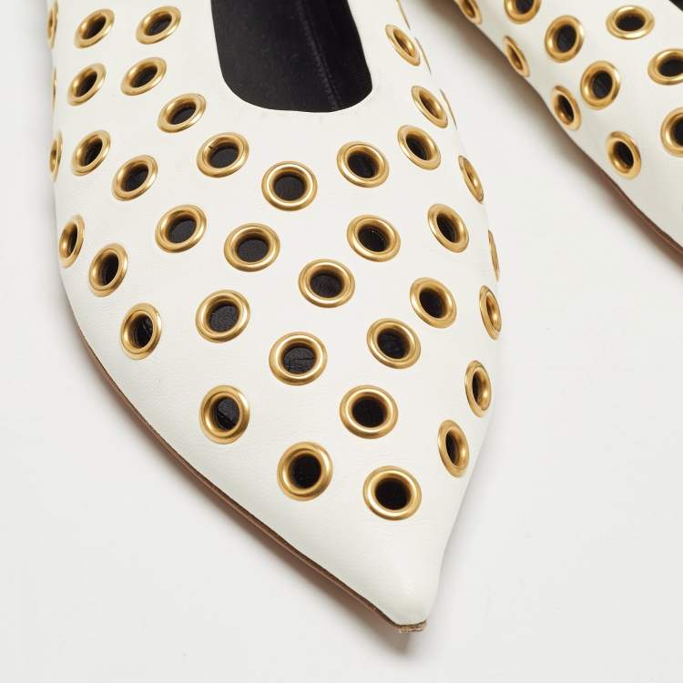 Pre Owned Celine Off-White Leather Eyelet Detail Ballet Flats Size 39.5