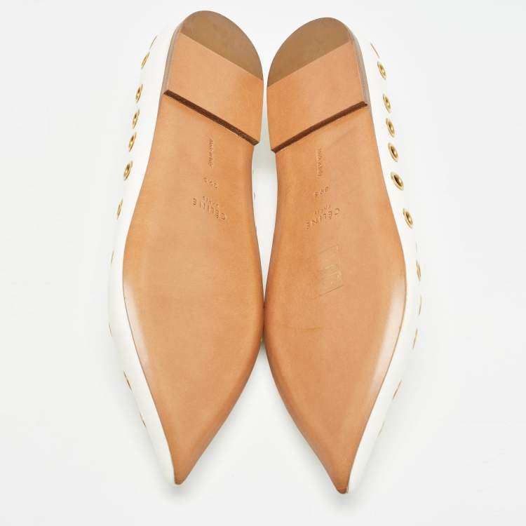 Pre Owned Celine Off-White Leather Eyelet Detail Ballet Flats Size 39.5