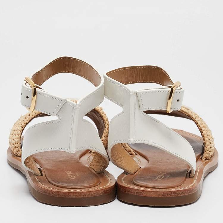 مملوكة مسبقًا Celine Beige Leather and Raffia Ankle Strap Flat Sandals Size 38