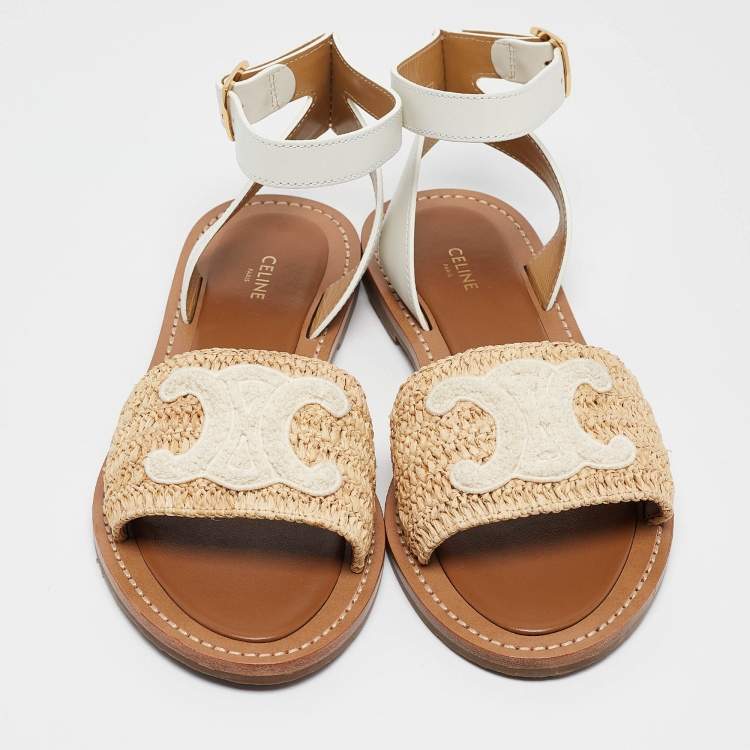 مملوكة مسبقًا Celine Beige Leather and Raffia Ankle Strap Flat Sandals Size 38