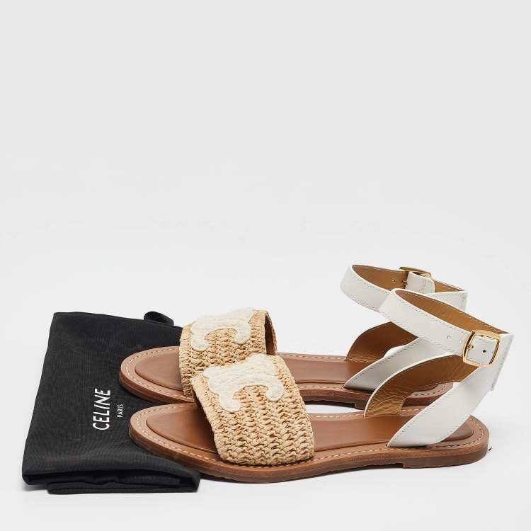 مملوكة مسبقًا Celine Beige Leather and Raffia Ankle Strap Flat Sandals Size 38