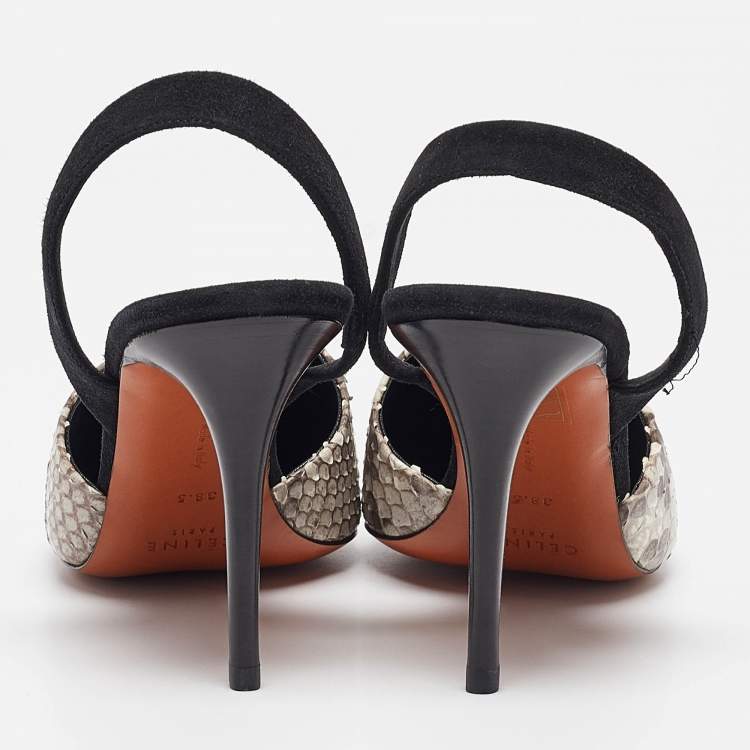 Pre Owned Celine Grey/Black Python Leather and Suede  Slingback Pumps Size 38.5