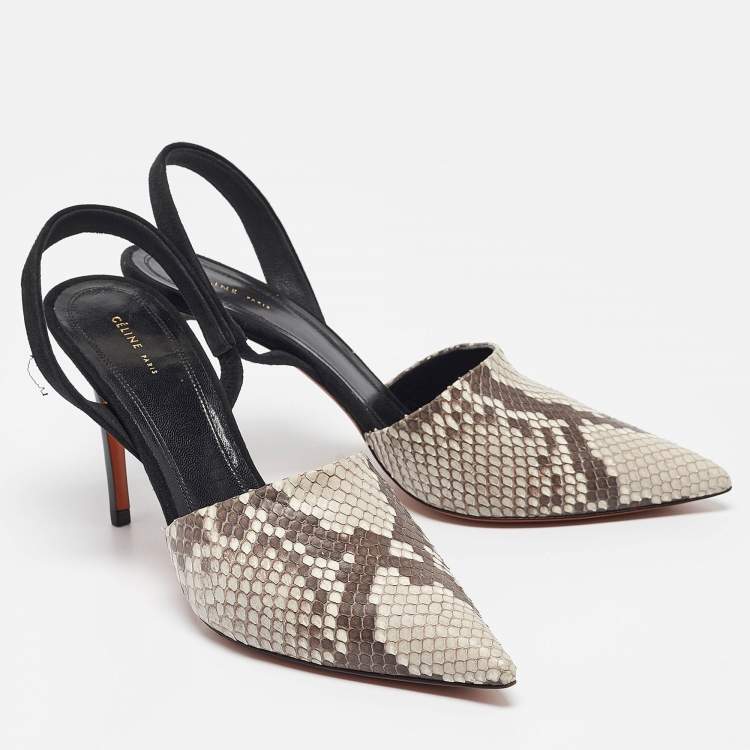 Pre Owned Celine Grey/Black Python Leather and Suede  Slingback Pumps Size 38.5