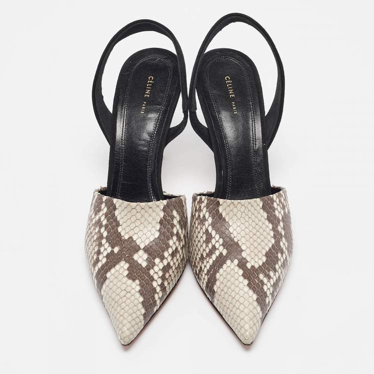 Pre Owned Celine Grey/Black Python Leather and Suede  Slingback Pumps Size 38.5