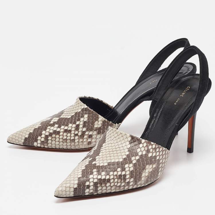 Pre Owned Celine Grey/Black Python Leather and Suede  Slingback Pumps Size 38.5