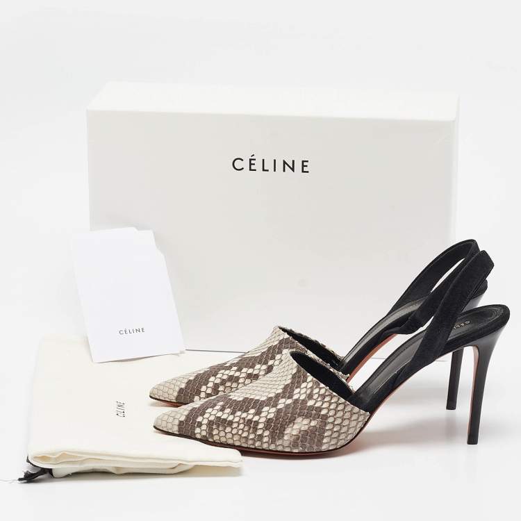 Pre Owned Celine Grey/Black Python Leather and Suede  Slingback Pumps Size 38.5