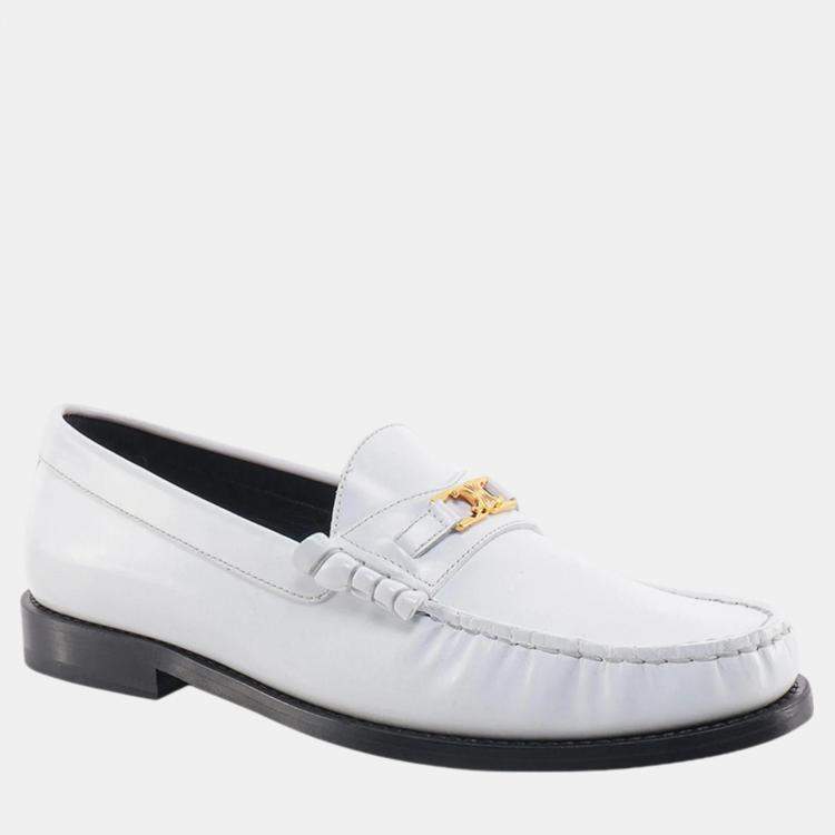 Pre Owned Celine White Leather Triomphe Loafers EU 40