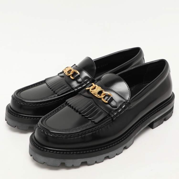 Pre Owned Celine Black Patent Triomphe Frame Margaret Loafers Size 40