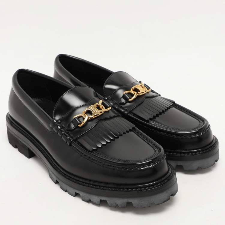 Pre Owned Celine Black Patent Triomphe Frame Margaret Loafers Size 40
