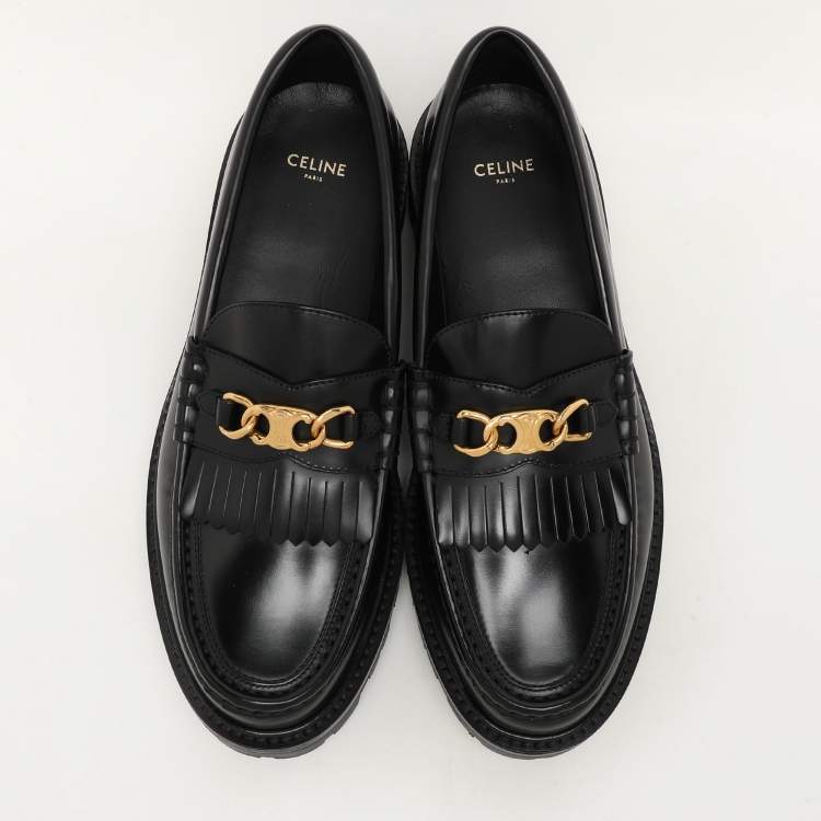 Pre Owned Celine Black Patent Triomphe Frame Margaret Loafers Size 40