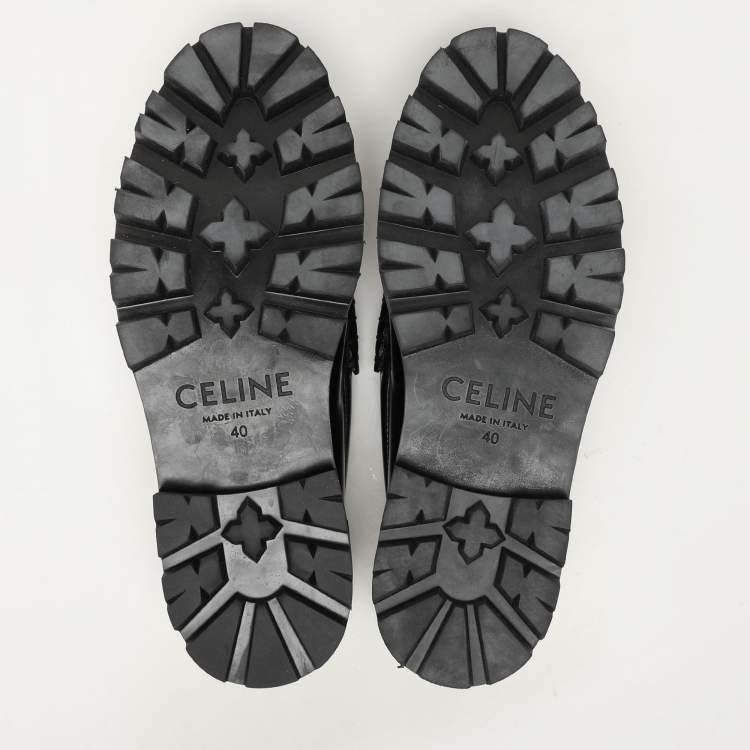 Pre Owned Celine Black Patent Triomphe Frame Margaret Loafers Size 40
