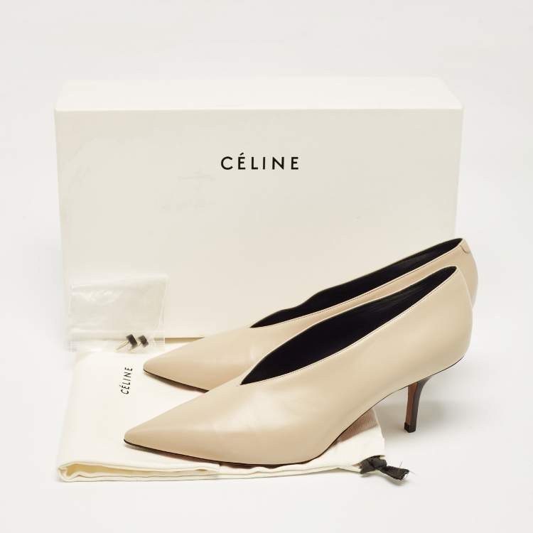 Pre Owned Celine Beige Leather V Neck Pumps Size 39