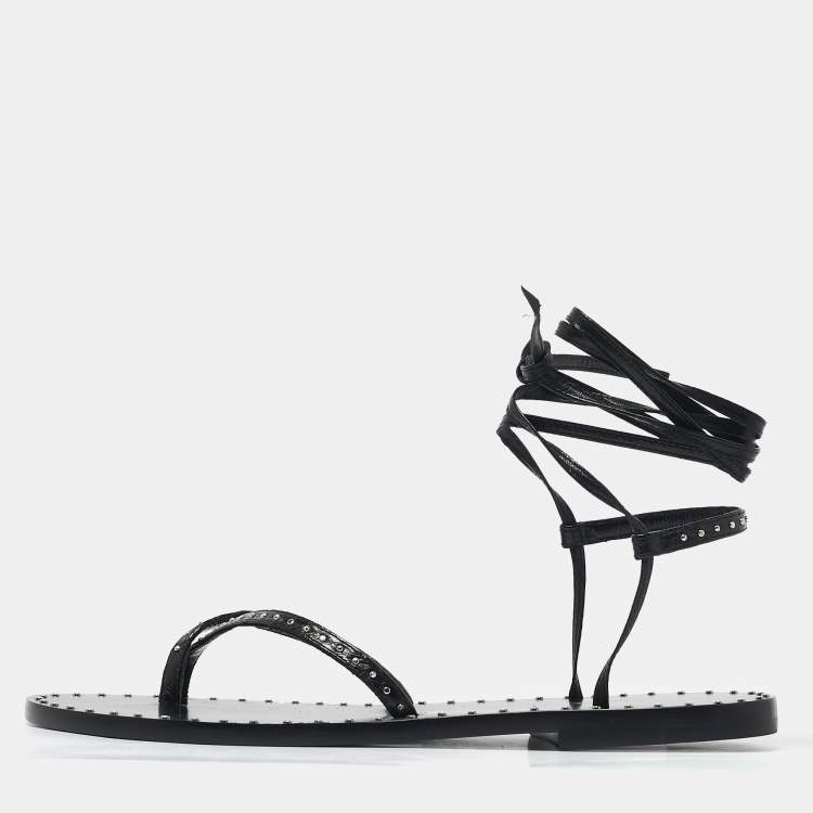 Pre Owned Celine Black Leather Studded Ankle Wrap Flat Sandals Size 36