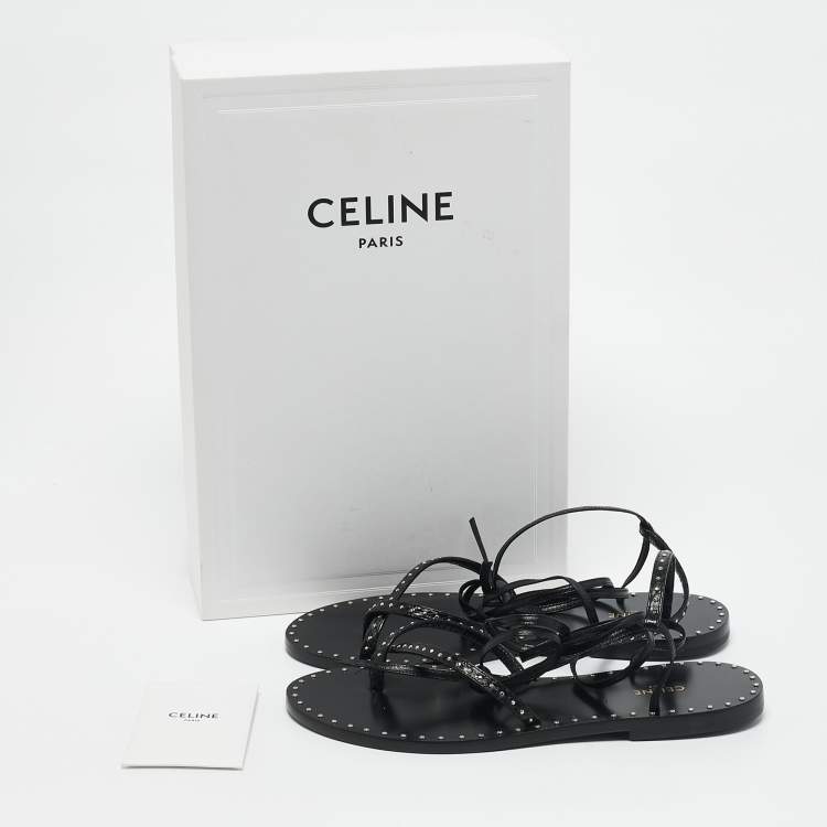 Pre Owned Celine Black Leather Studded Ankle Wrap Flat Sandals Size 36