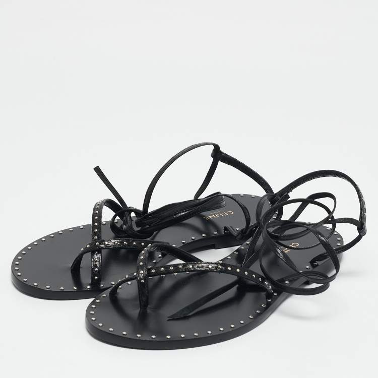 Pre Owned Celine Black Leather Studded Ankle Wrap Flat Sandals Size 36
