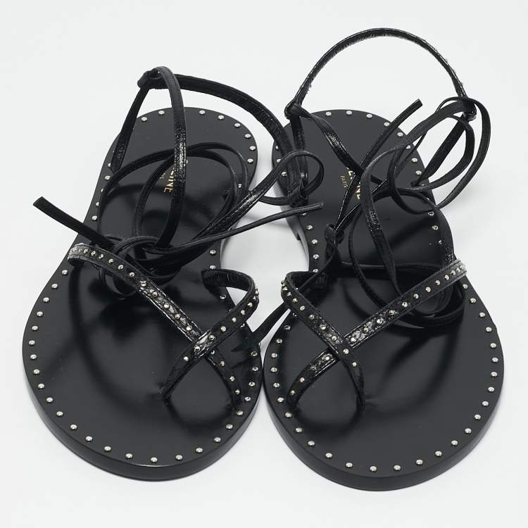 Pre Owned Celine Black Leather Studded Ankle Wrap Flat Sandals Size 36