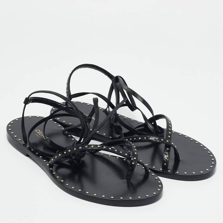 Pre Owned Celine Black Leather Studded Ankle Wrap Flat Sandals Size 36