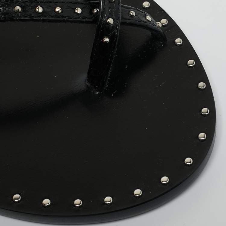 Pre Owned Celine Black Leather Studded Ankle Wrap Flat Sandals Size 36