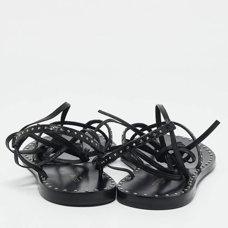 Pre Owned Celine Black Leather Studded Ankle Wrap Flat Sandals Size 36