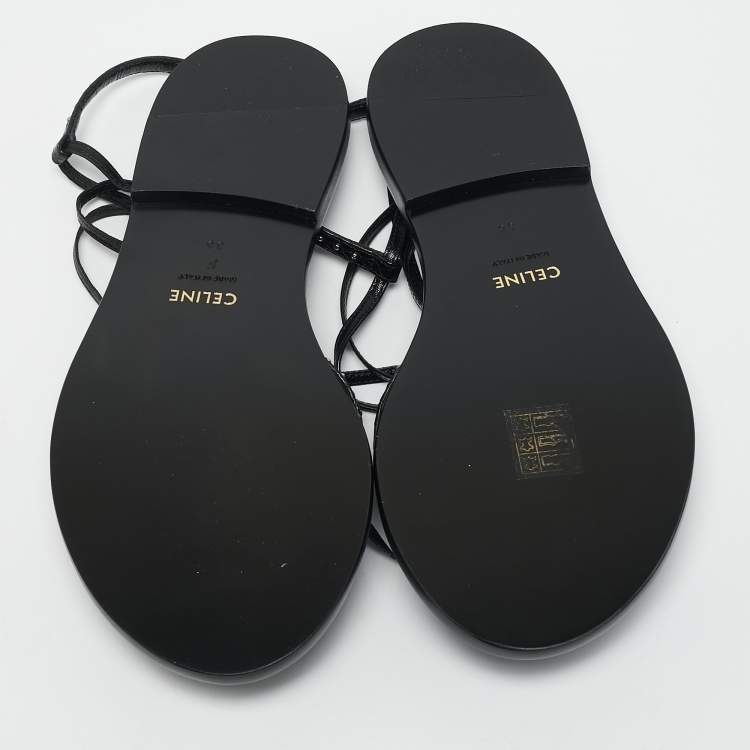 Pre Owned Celine Black Leather Studded Ankle Wrap Flat Sandals Size 36