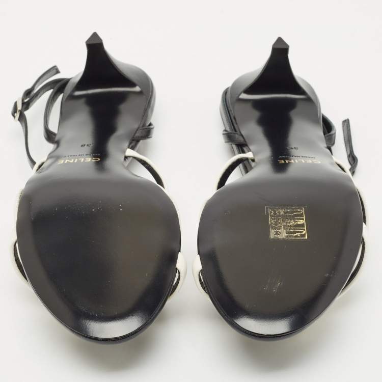 Pre Owned Celine White/Black Leather Ankle Strap Sandals Size 38