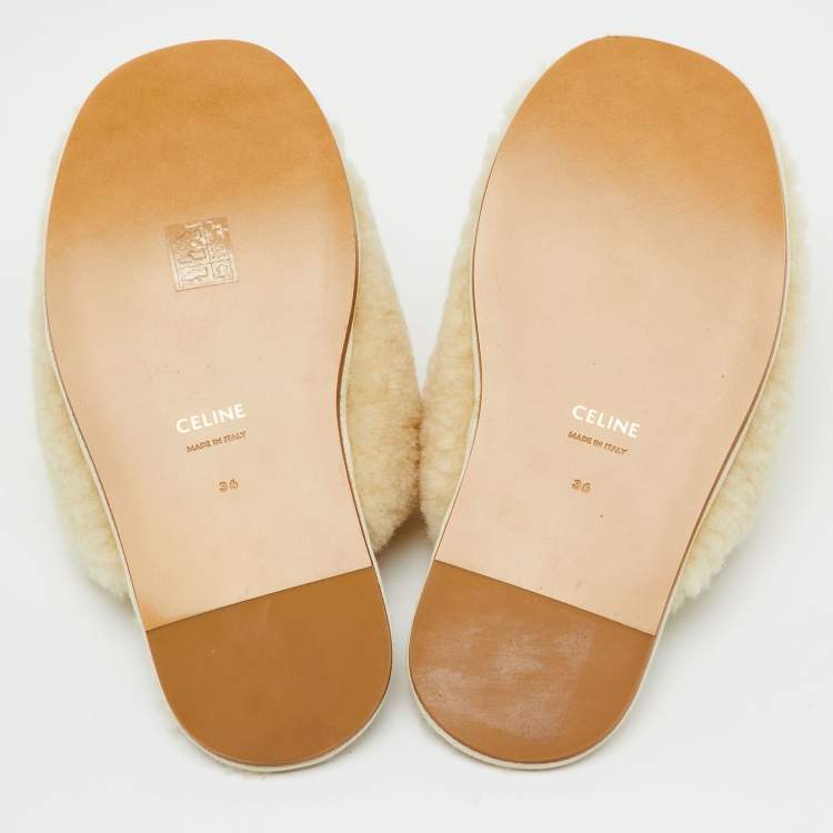 Pre Owned Celine Cream Shearling Fur Georgia Flat Mules Size 36