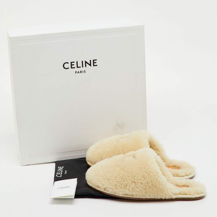 Pre Owned Celine Cream Shearling Fur Georgia Flat Mules Size 36