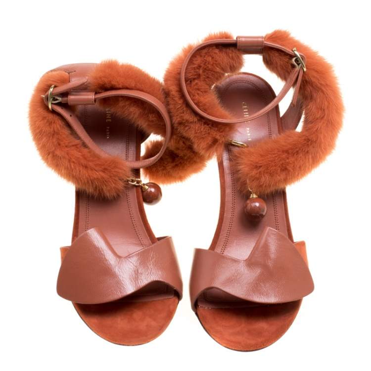 Pre Owned Cèline Brown Leather and Mink Fur Bracelet Peep Toe Sandals Size 38.5