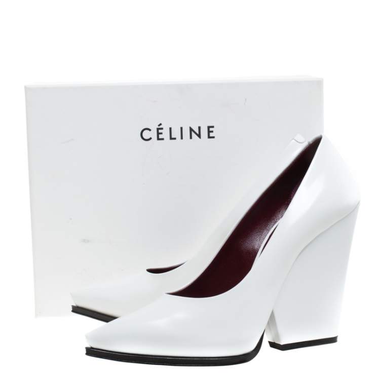 Pre Owned Celine White Leather Demi Pointed Toe Wedges Pumps Size 38.5