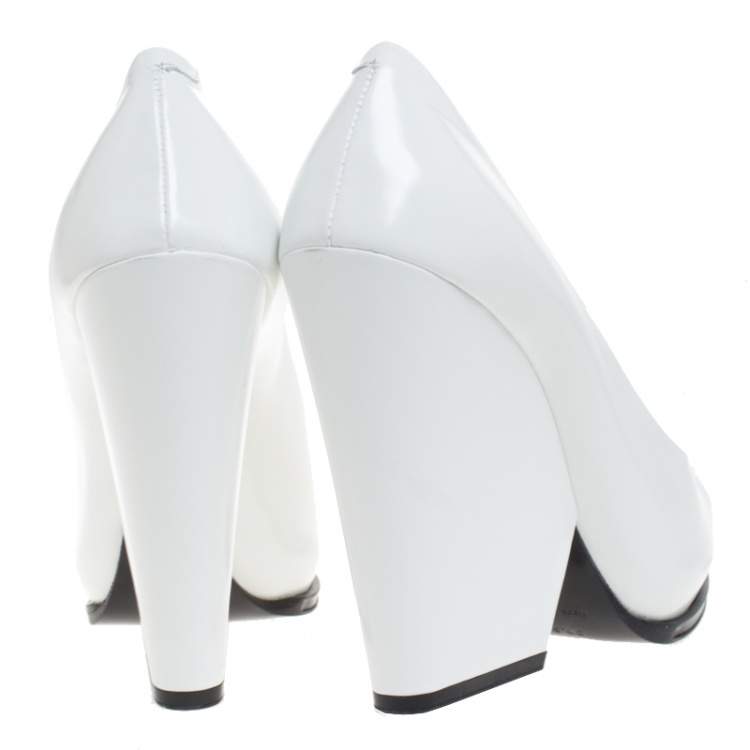 Pre Owned Celine White Leather Demi Pointed Toe Wedges Pumps Size 38.5