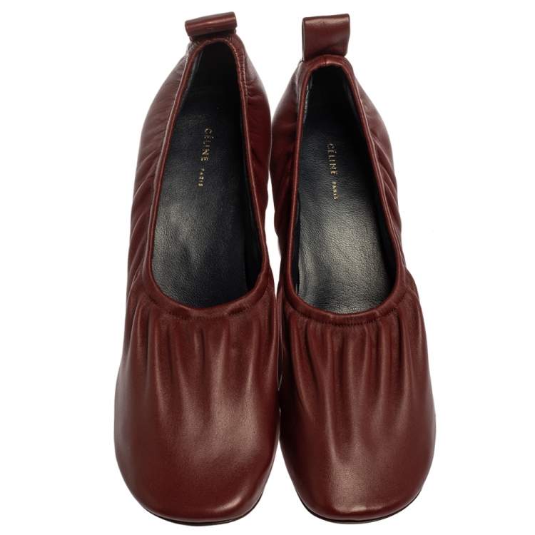 Pre Owned Celine Burgundy Leather Scrunch Block Heel Pumps Size 39