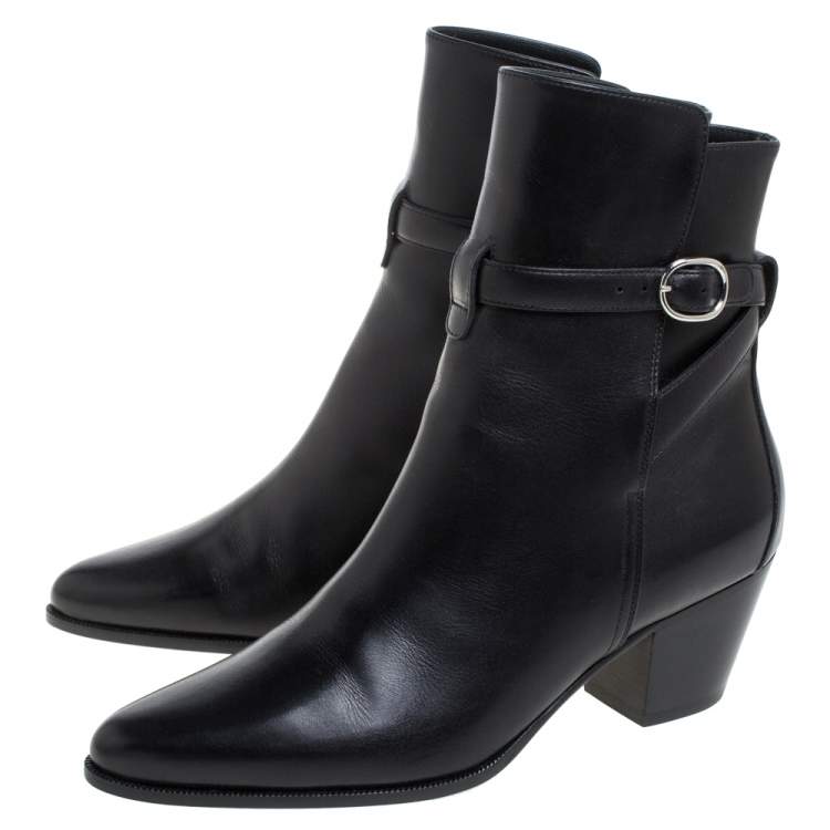 Pre Owned Celine Black Leather Block Heel Ankle Boots Size 37