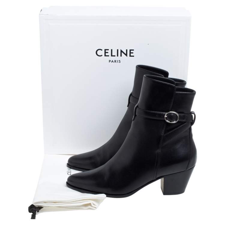 Pre Owned Celine Black Leather Block Heel Ankle Boots Size 37