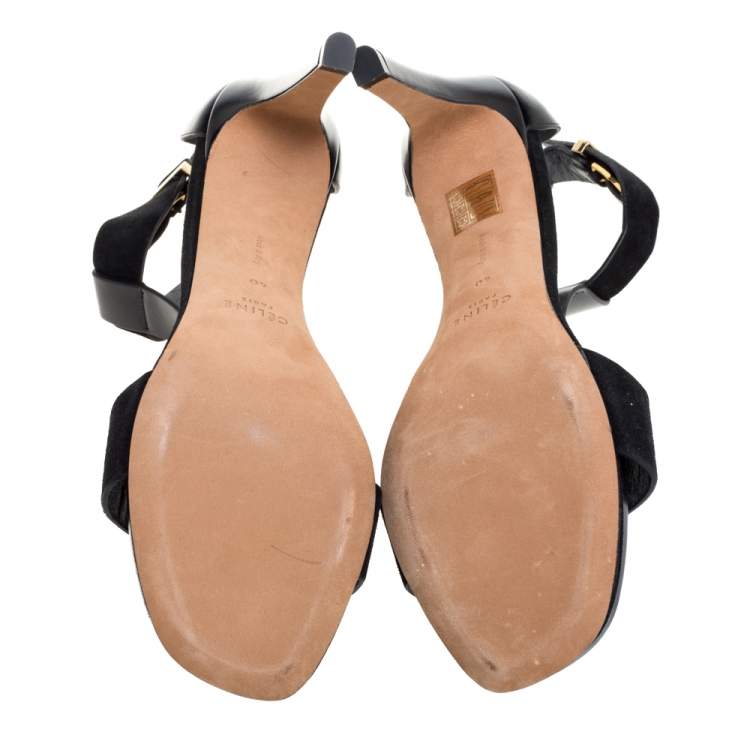 Pre Owned Celine Black Leather and Suede T Strap Platform Sandals Size 40