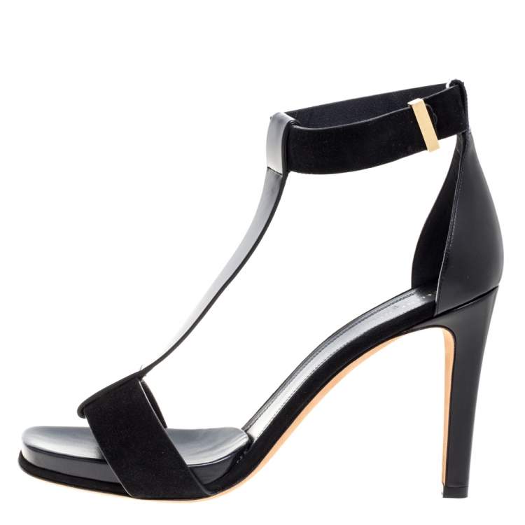 Pre Owned Celine Black Leather and Suede T Strap Platform Sandals Size 40
