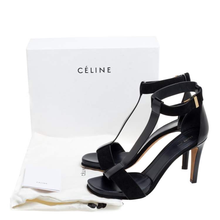 Pre Owned Celine Black Leather and Suede T Strap Platform Sandals Size 40