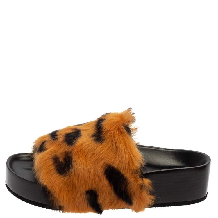 Pre Owned Celine Brown/Black Calf Hair Flat Slides Size 36